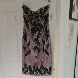 Chic Strapless Dress with Black Leaf Pattern. Brand New Still With Tag